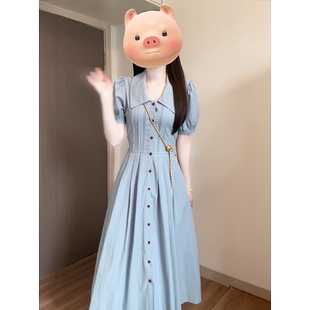 收腰显瘦长裙 法式 气质减龄蓝色单排扣领衬衫 连衣裙女2025夏季 新款
