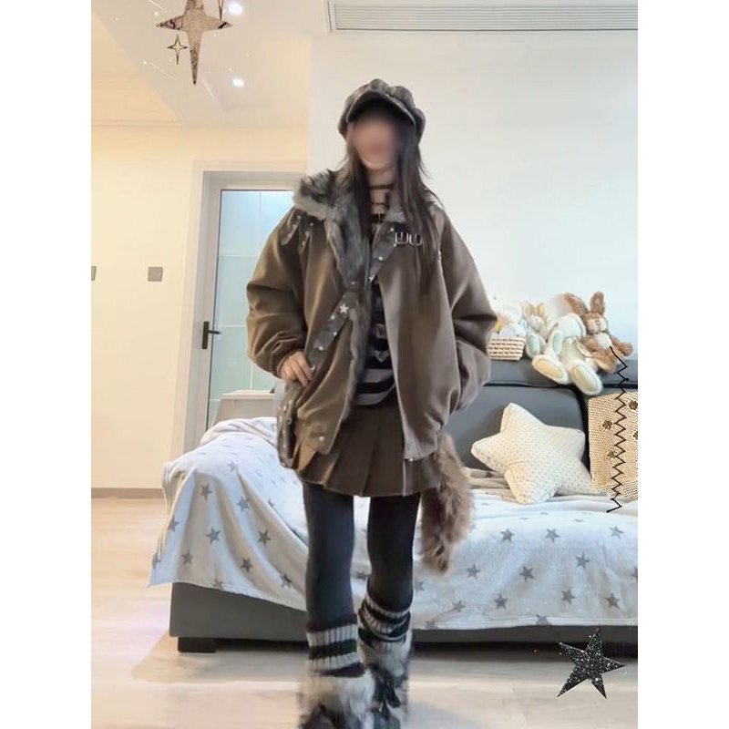 个性潮流座山雕外套十字架毛领棉服男女情侣冬季高级加厚保暖棉衣