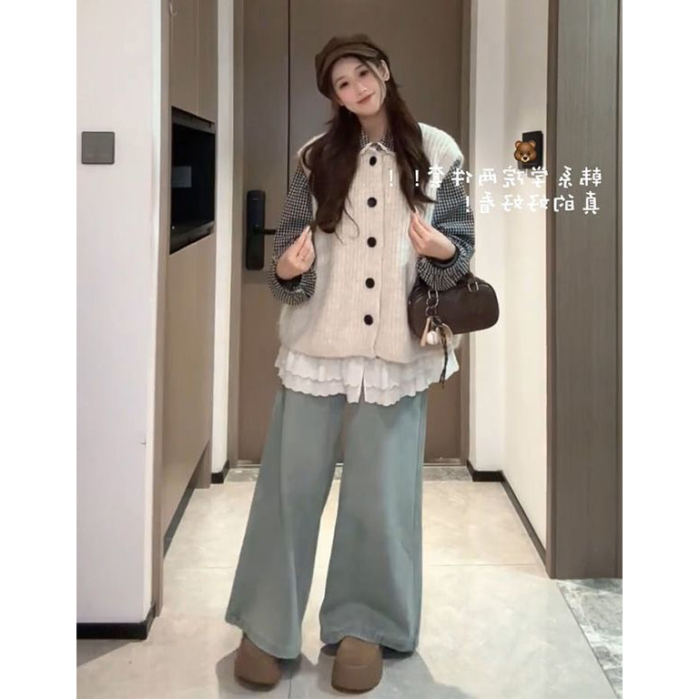 日系小个子蕾丝拼接格纹衬衫女学生搭配针织马甲开衫毛衣两件套装