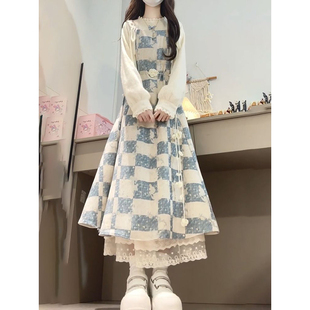 冬日设计感格纹拼接假两件连衣裙女春秋季 气质显瘦超仙长裙 新款
