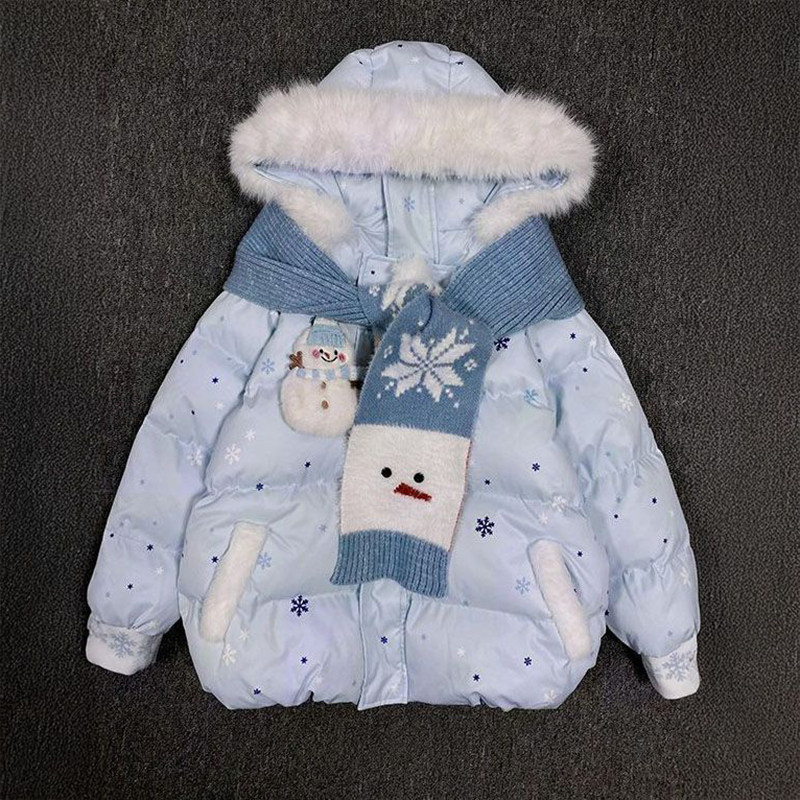 2025冬季学院小个子可拆卸雪人毛领连帽宽松保暖棉服搭配蓝色围巾,女装/女士精品,时尚套装,淘宝优惠券,粉丝福利购,淘宝优惠卷
