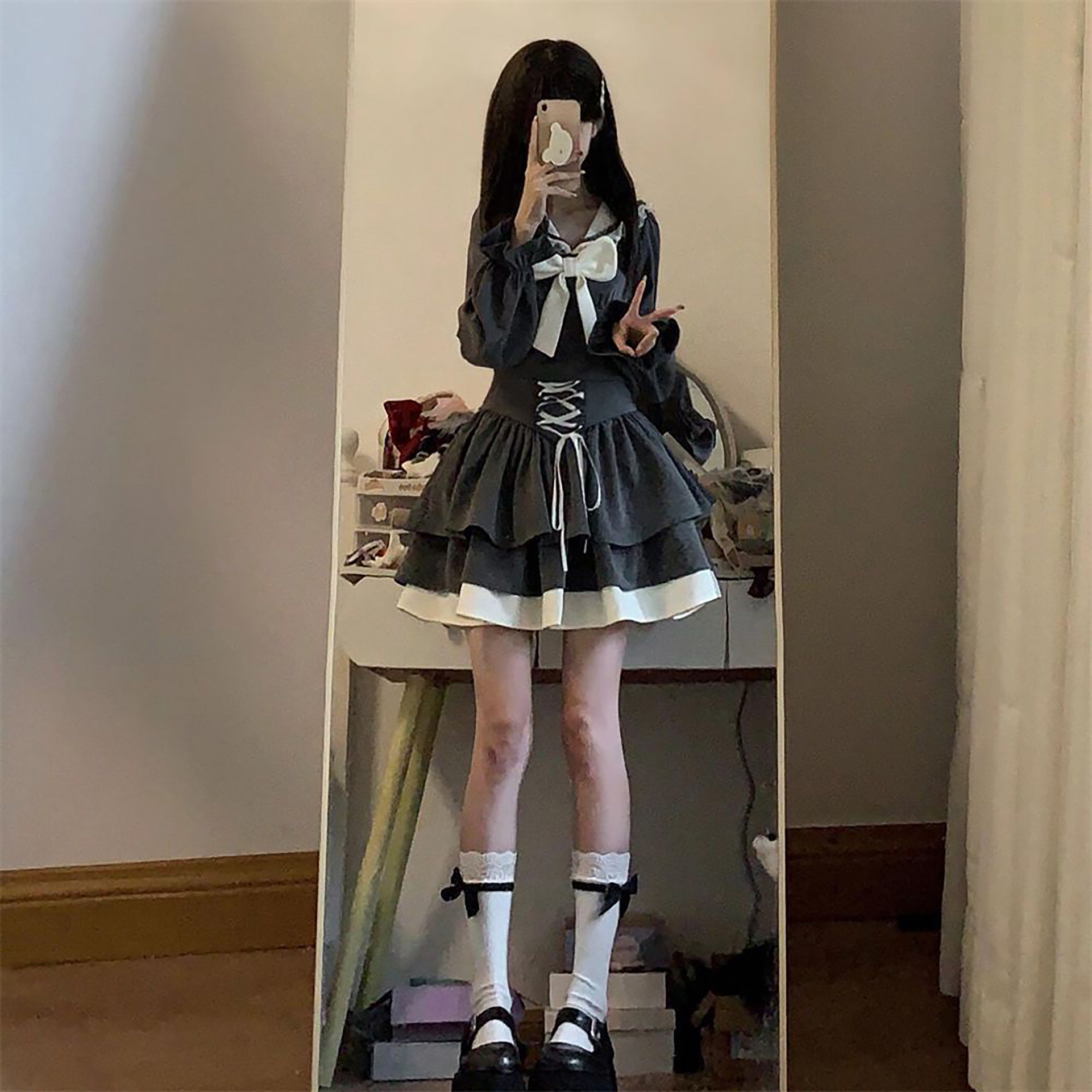 法式小个子温柔甜美风海军领蝴蝶结拼接上衣+绑带半身裙两件套装