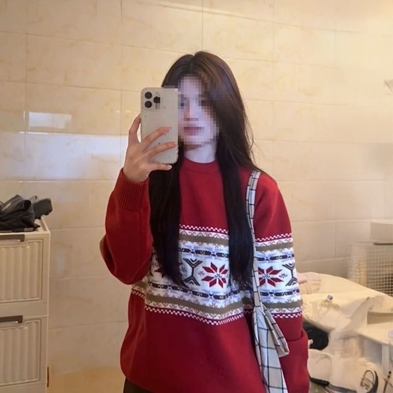 复古风软糯撞色提花圆领长袖针织衫毛衣女冬季百搭费尔岛宽松上衣