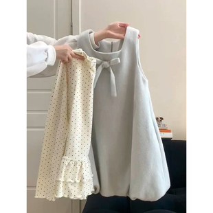 法式学院风穿搭一整套减龄蝴蝶结背心花苞裙女叠穿百搭波点打底衫