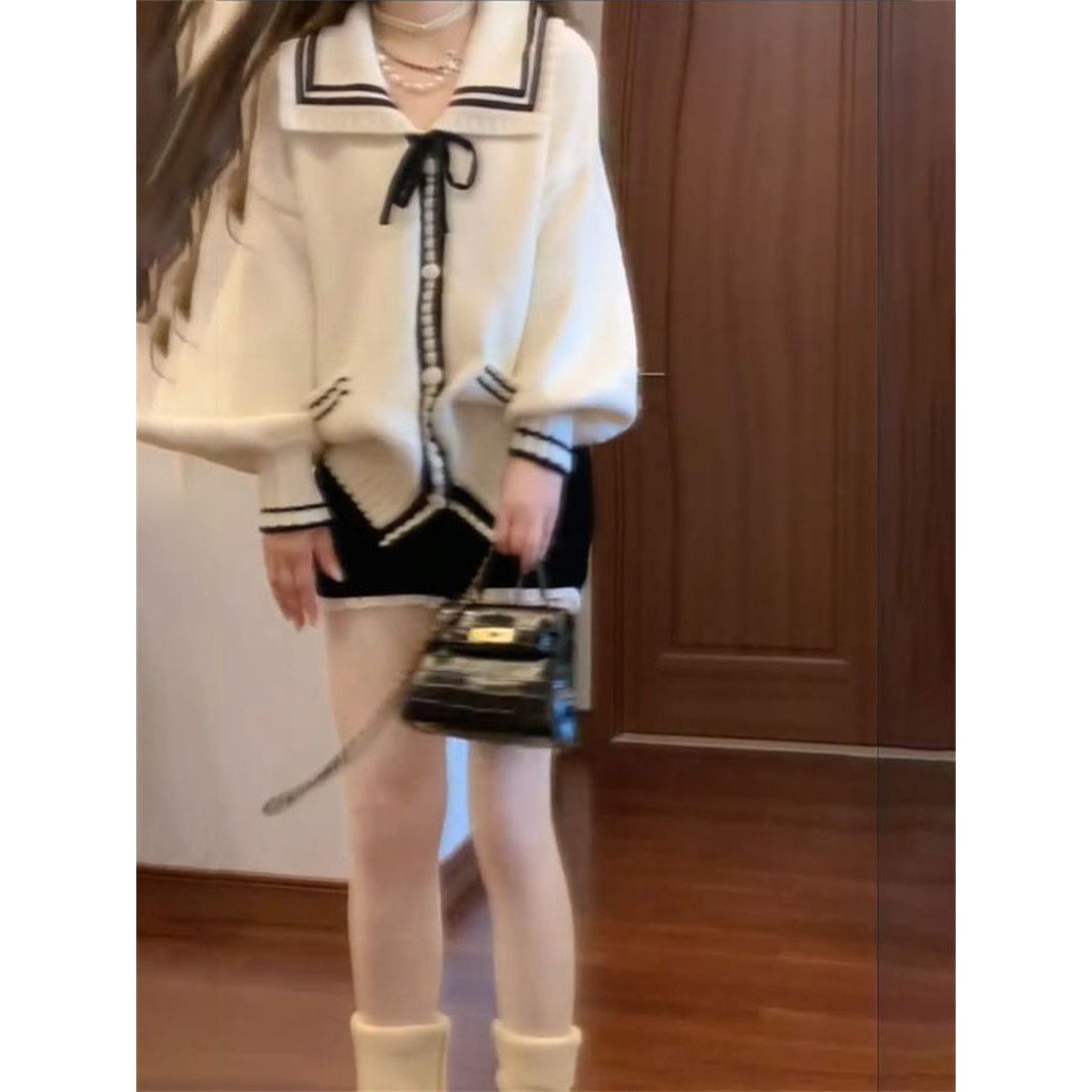 纯欲风海军领蝴蝶结系带开衫保暖毛衣女学生宽松设计撞色针织外套