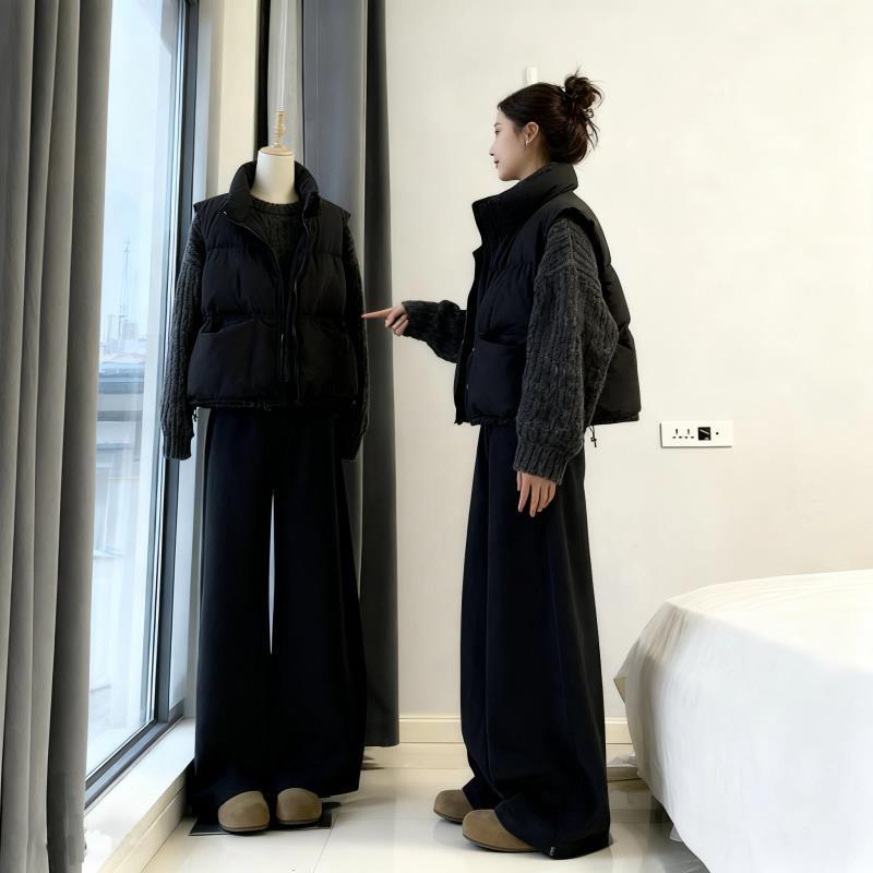 韩系穿搭简约风冬季搭配一整套针织毛衣叠穿棉服马甲外套阔腿裤女
