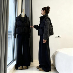 韩系穿搭简约风冬季 女 搭配一整套针织毛衣叠穿棉服马甲外套阔腿裤