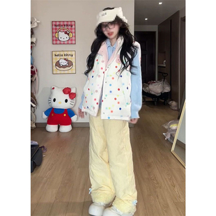 多巴胺甜美风穿搭一整套羊羔毛拼接波点棉服马甲女 毛衣 蓝色开衫