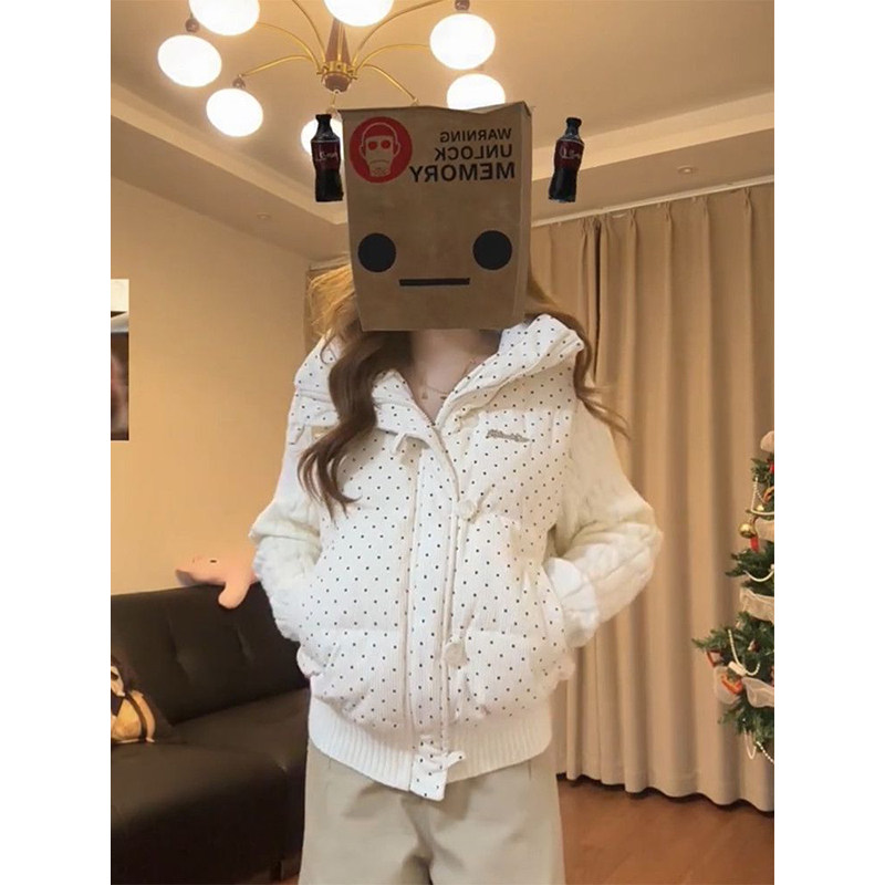 韩系复古风杏色波点拼接针织棉服女学生立领百搭保暖氛围感棉衣潮,女装/女士精品,棉衣/棉服,淘宝优惠券,粉丝福利购,淘宝优惠卷