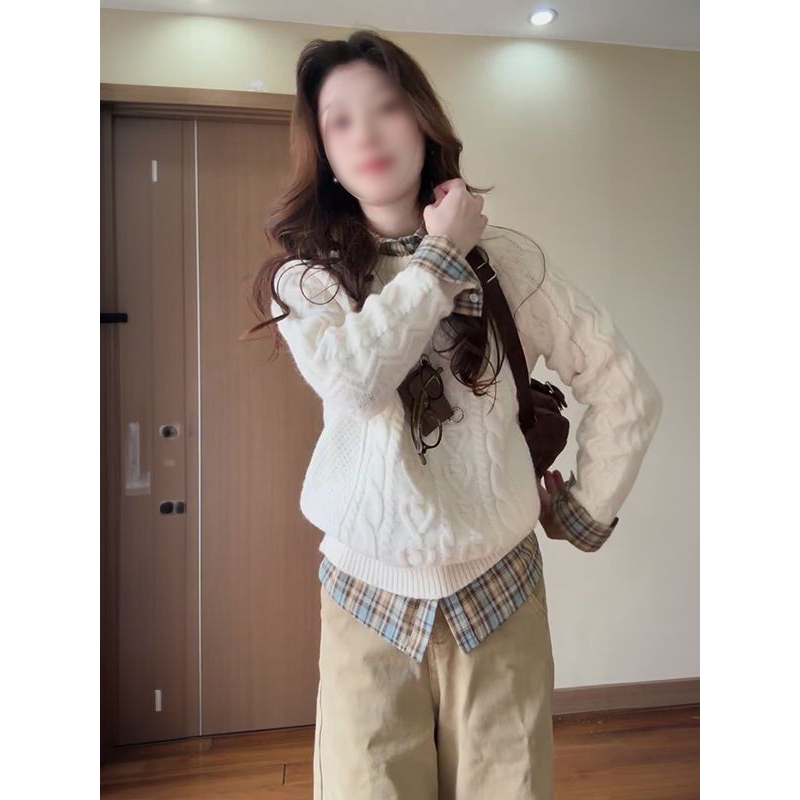 法式学院风麻花针织套头毛衣女叠穿POLO领格纹衬衫秋冬款两件套装