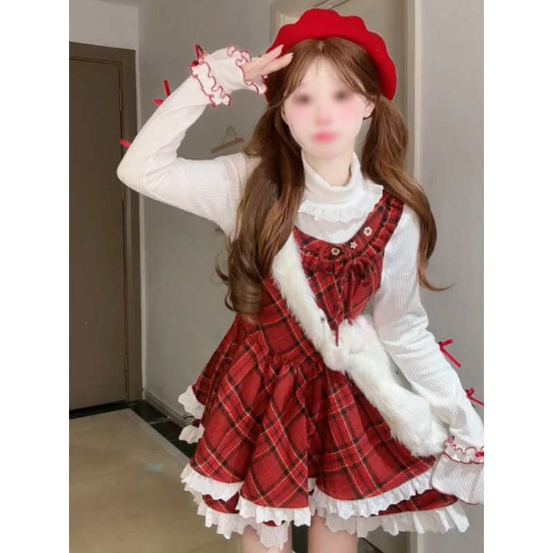 2025秋冬新款可爱减龄氛围感设计毛球系带格纹背带裙搭配打底衫女,女装/女士精品,时尚套装,淘宝优惠券,粉丝福利购,淘宝优惠卷