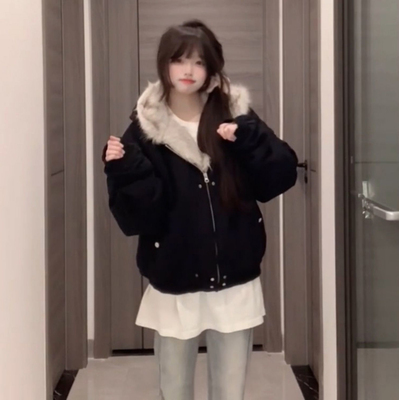 甜酷小个子黑色夹棉加厚牛仔连帽毛茸茸外套冬季百搭夹克棉服棉衣