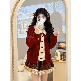 奶fufu圣诞战袍红色娃娃领蝴蝶结毛衣女冬季显瘦格纹毛绒流苏边裙