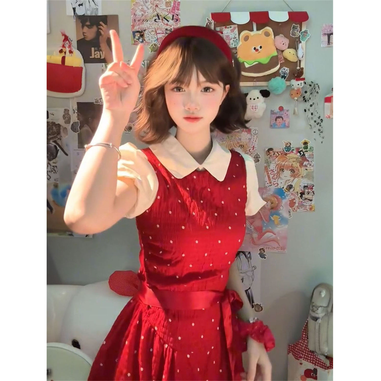 日系甜美风假两件设计感红色波点连衣裙女夏季绑带收腰花苞短裙子