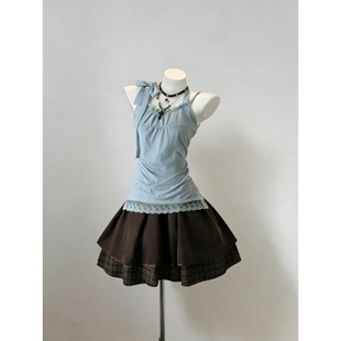 2026夏日新款 棕色格子假两件短裙 小个子穿搭一整套甜美挂脖上衣