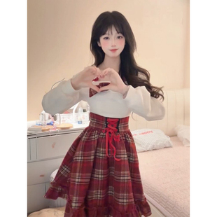 温柔少女风新年元旦红蝴蝶结格纹高腰连衣裙女学生氛围感约会裙子