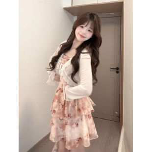 夏季 两件套 法式 温柔少女风粉色碎花吊带连衣裙女搭配防晒披肩新款