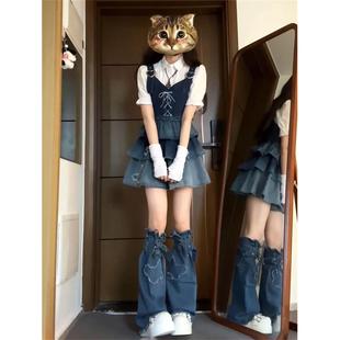 白衬衫 2025春季 牛仔背心 新款 牛仔蛋糕短裙 纯欲风甜美渐变色短款