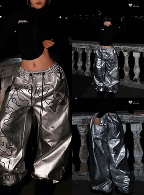 BLACKBOX黑盒子原创重磅美式贴布绣亮面pu皮裤街舞爵士酷帅直筒裤