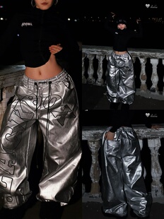 BLACKBOX黑盒子原创重磅美式贴布绣亮面pu皮裤街舞爵士酷帅直筒裤