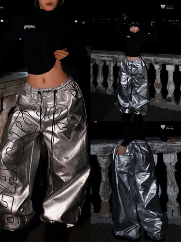 BLACKBOX黑盒子原创重磅美式贴布绣亮面pu皮裤街舞爵士酷帅直筒裤