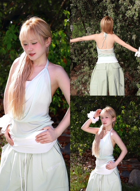 BLACKBOX黑盒子浅绿色美式辣妹度假风修身显瘦露背挂脖吊带爵士舞