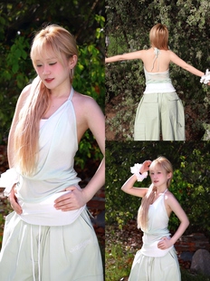 BLACKBOX黑盒子浅绿色美式辣妹度假风修身显瘦露背挂脖吊带爵士舞