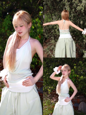 BLACKBOX黑盒子浅绿色美式辣妹度假风修身显瘦露背挂脖吊带爵士舞