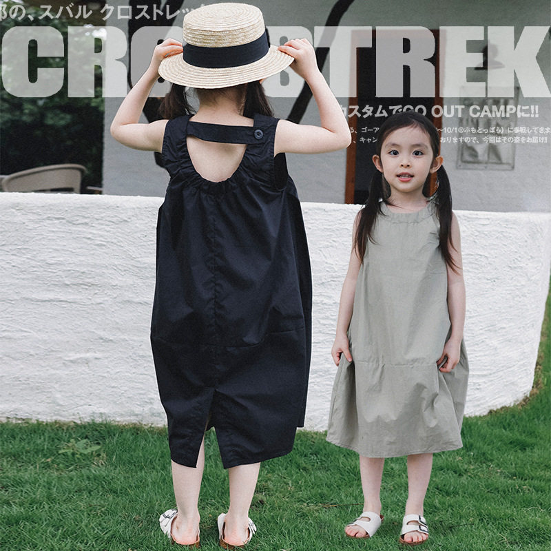 山系户外女童纯棉连衣裙2026夏季女孩纯色简约清凉吊带裙背带裙子