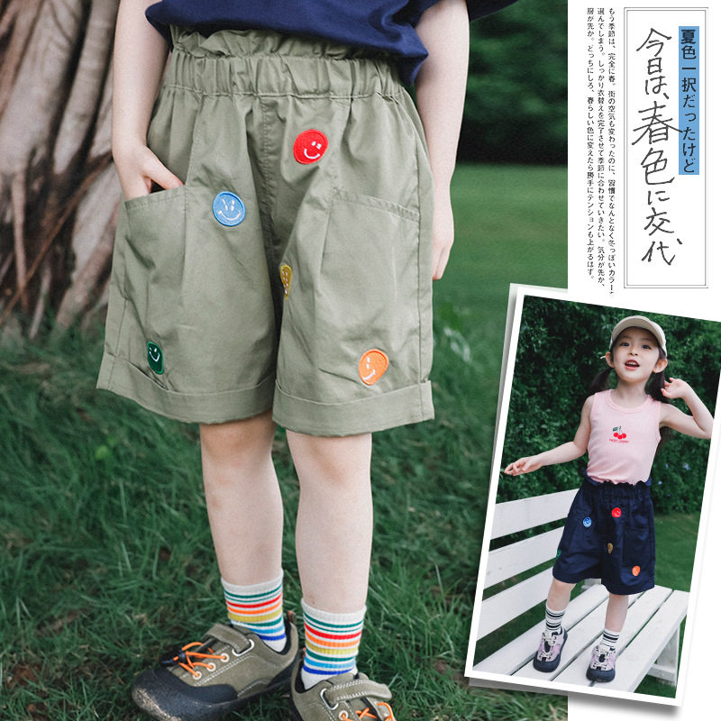 山系户外女童纯棉轻薄短裤2026夏季新款儿童刺绣笑脸五分裤工装裤