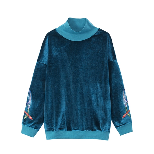 Ретро бархатная трикотажная демисезонная толстовка, в корейском стиле, по фигуре, с вышивкой, китайский стиль, свободный крой