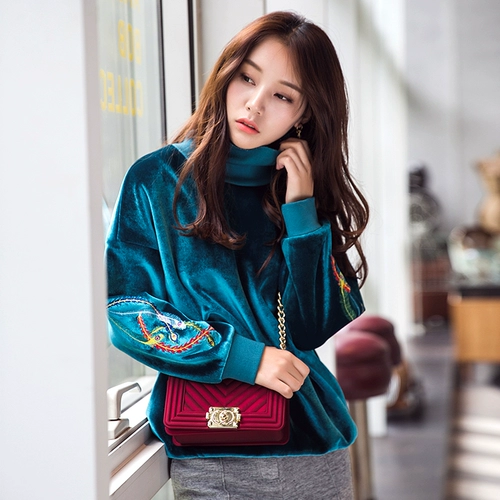 Ретро бархатная трикотажная демисезонная толстовка, в корейском стиле, по фигуре, с вышивкой, китайский стиль, свободный крой