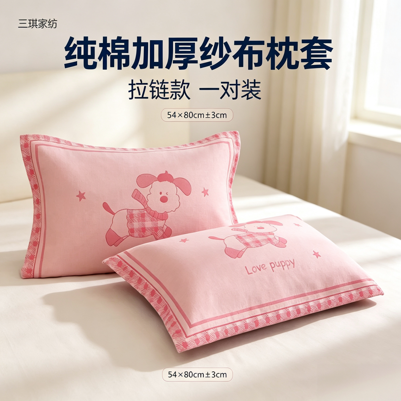 拉链式纯棉纱布枕套一对装可机洗图片