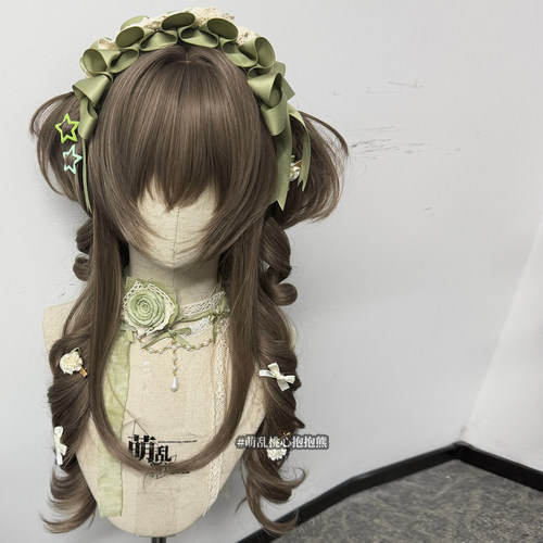 萌乱桃心抱抱熊+亚麻灰棕cla假发lolita无属性doll双马尾双马尾卷