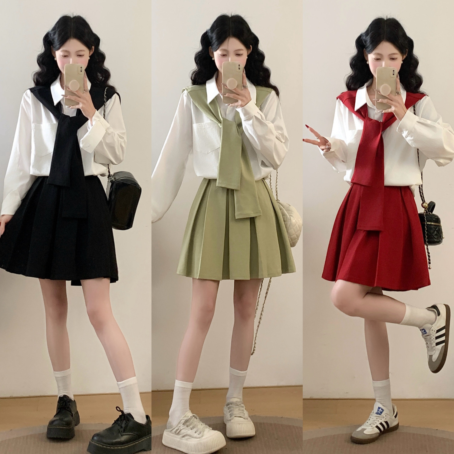 半裙韩系百搭减龄披肩长袖衬衣学院风感叠穿休闲上衣加百褶半身裙,女装/女士精品,大码套装,淘宝优惠券,粉丝福利购,淘宝优惠卷