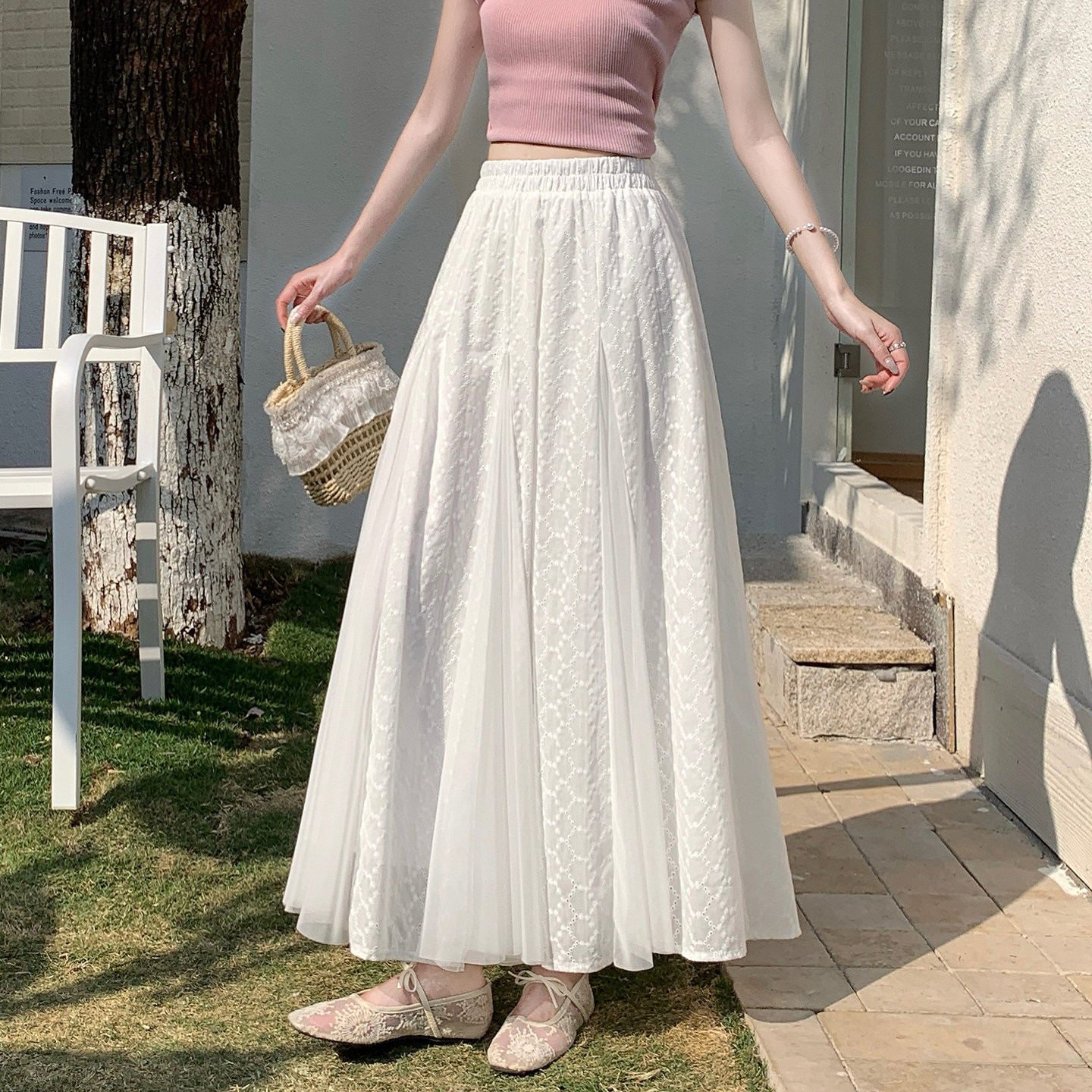 中裙法式拼接蕾丝半身裙女春夏新款松紧腰显瘦设计感小众大摆a字