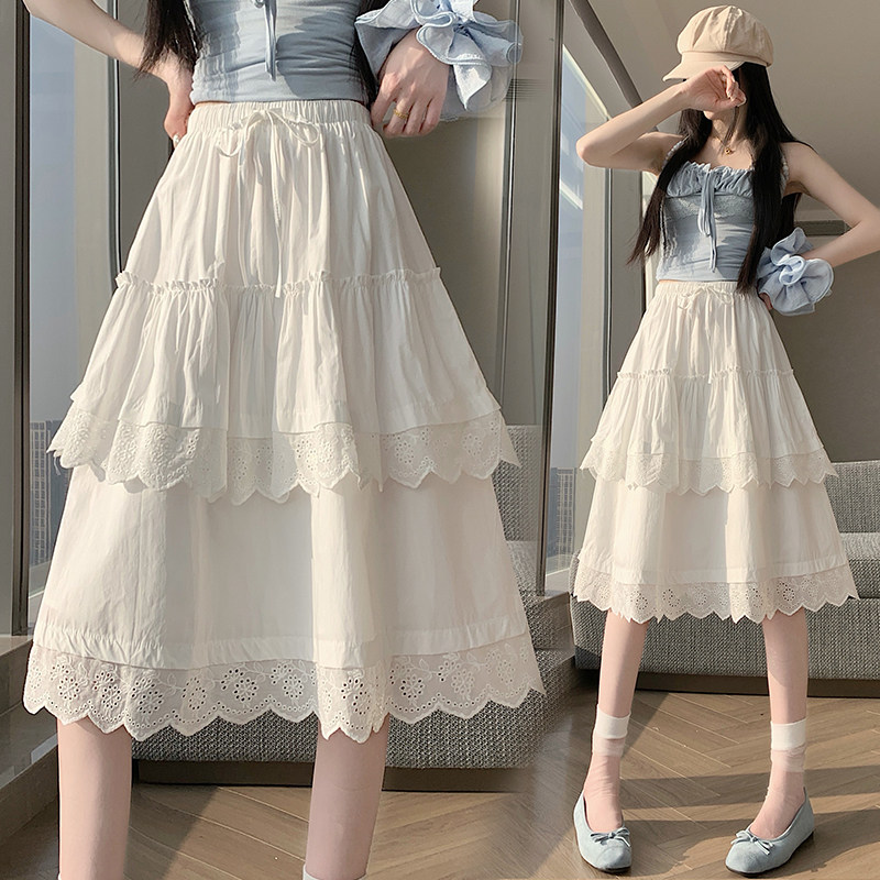 中裙春夏新款白色荷叶边蕾丝拼接半身裙女高腰甜美a字蛋糕中裙