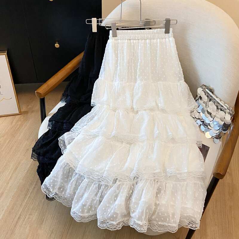 中裙提花蕾丝拼接蛋糕裙女2026春夏新款荷叶边高腰百搭A字长裙女