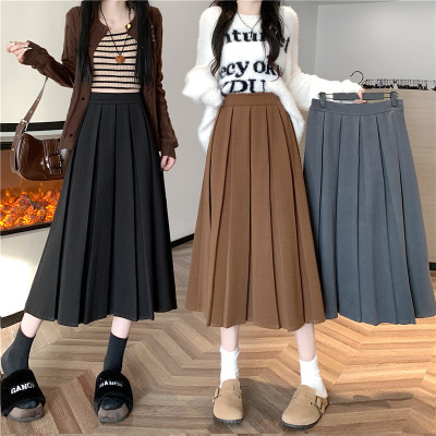 小众冬季韩版百褶裙加厚毛呢A字裙别致设计感半身裙中长裙纯色