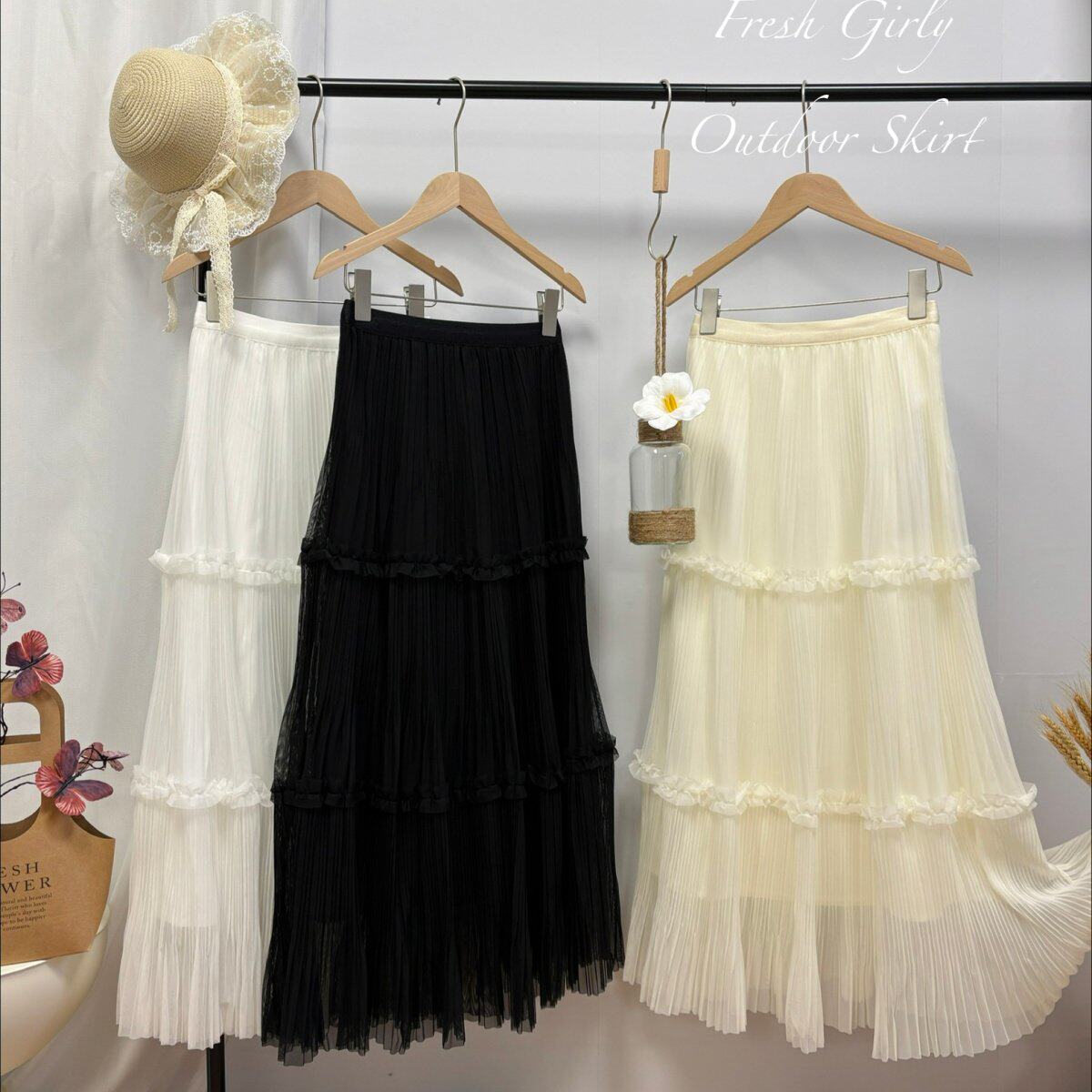 中裙 春夏新款2026韩系ins木耳花边拼接蛋糕裙百褶纱裙长款半身裙