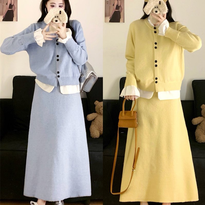 通勤大码秋冬新款韩系圆领针织假两件上衣毛衣开衫半身裙两件套