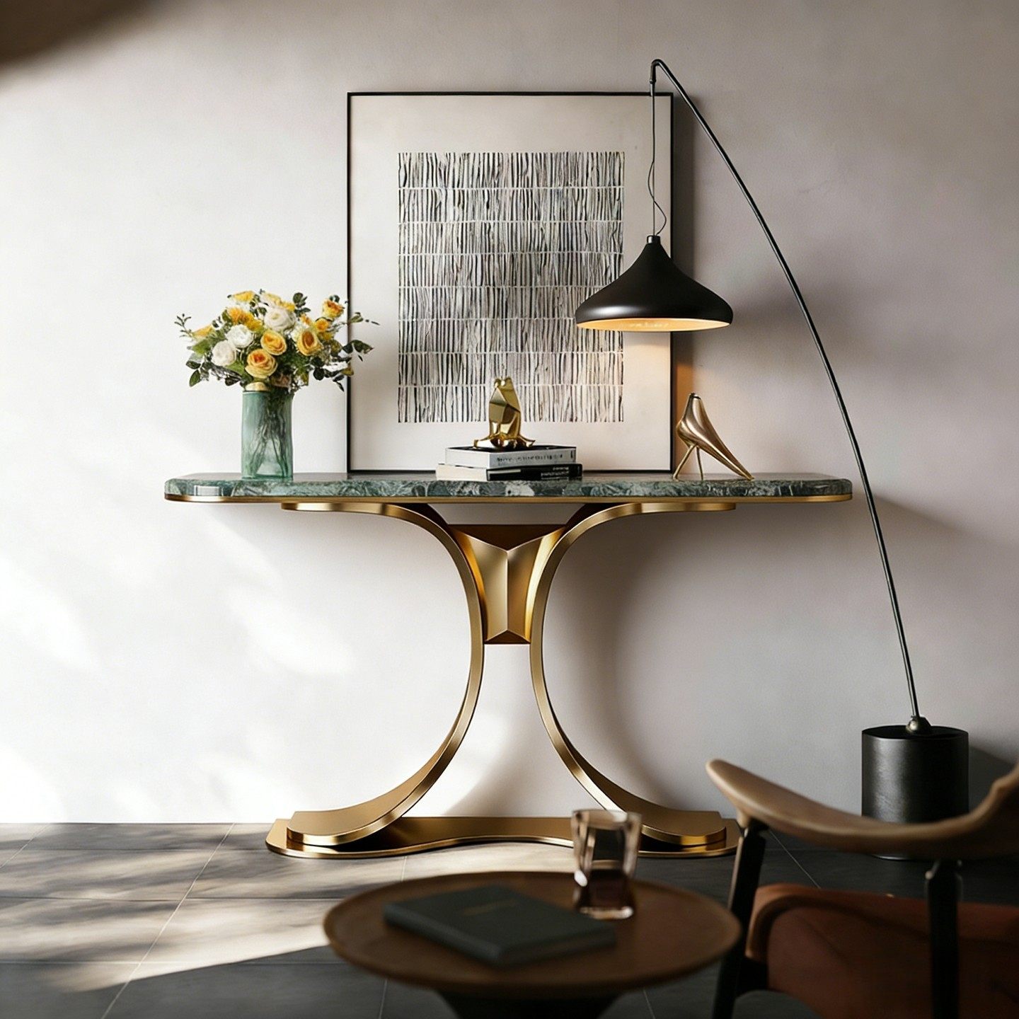 祖母绿天然奢石高端玄关台轻奢风大理石入户高级感客厅走廊靠墙架