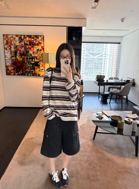 oker章壳儿正品～拼色韩系条纹休闲长袖T恤女宽松纯棉26春季A672