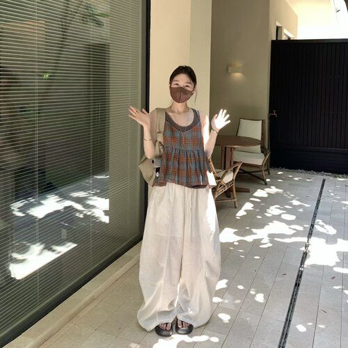 focuse正版～松紧腰长裤苎麻百搭休闲阔腿遮肉简约9930577