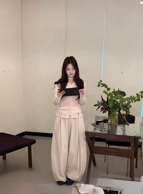 米色现货！focuse正品休闲裤韩系小众长裤百搭遮肉显高气质26新款