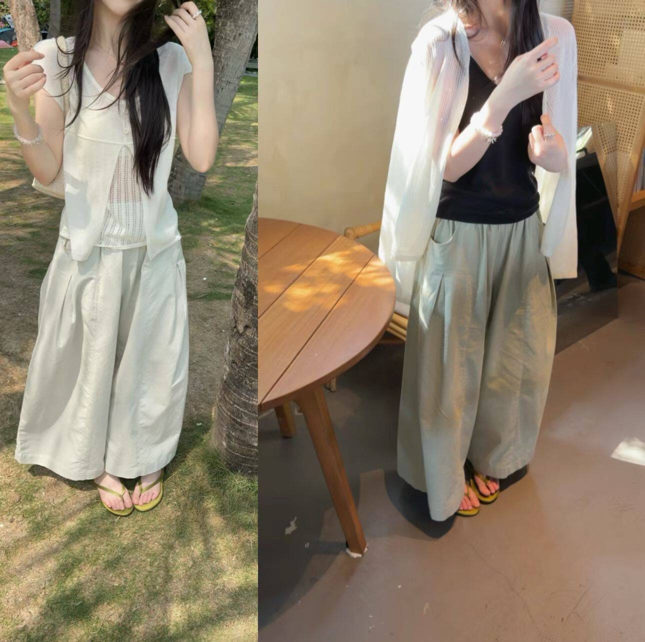 AMIDI正品～麻料直筒松紧腰休闲宽松九分裤阔腿韩系26夏季新款