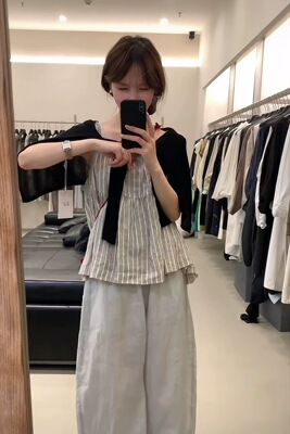 low flat正品～条纹亚麻吊带背心衫上衣26夏季新款8338