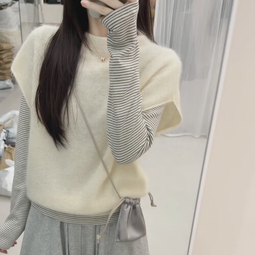 AMIDI正品～羊毛拉毛马甲韩系叠穿宽松休闲短袖上衣26年秋季