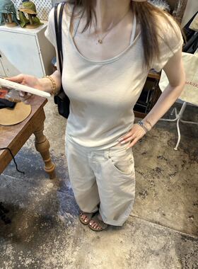 oker章壳儿正品～天丝绑带U领T恤百搭韩系简约短袖A836