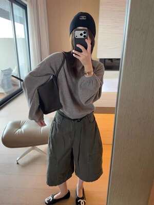 low flat正品～灯笼袖圆领慵懒收腰套头羊驼毛羊毛毛衣针织衫